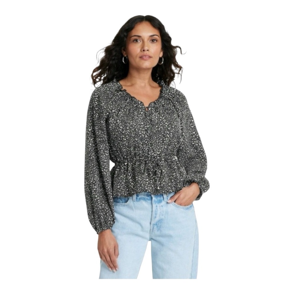 Universal Thread XXL Boho Peasant Blouse Black Cream Balloon Sleeve NWT